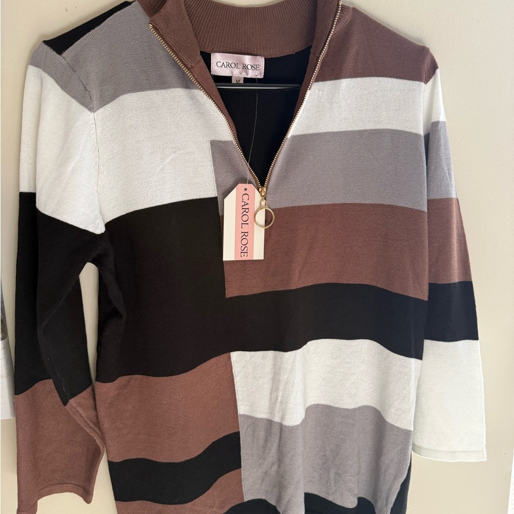 Carol Rose Brown and Cream Zip-Up Sweater